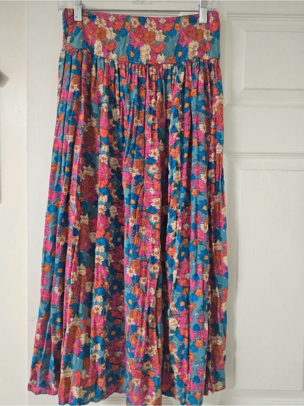 NATURAL LIFE Teal Maxi Skirt with Pink & Orange Floral Print